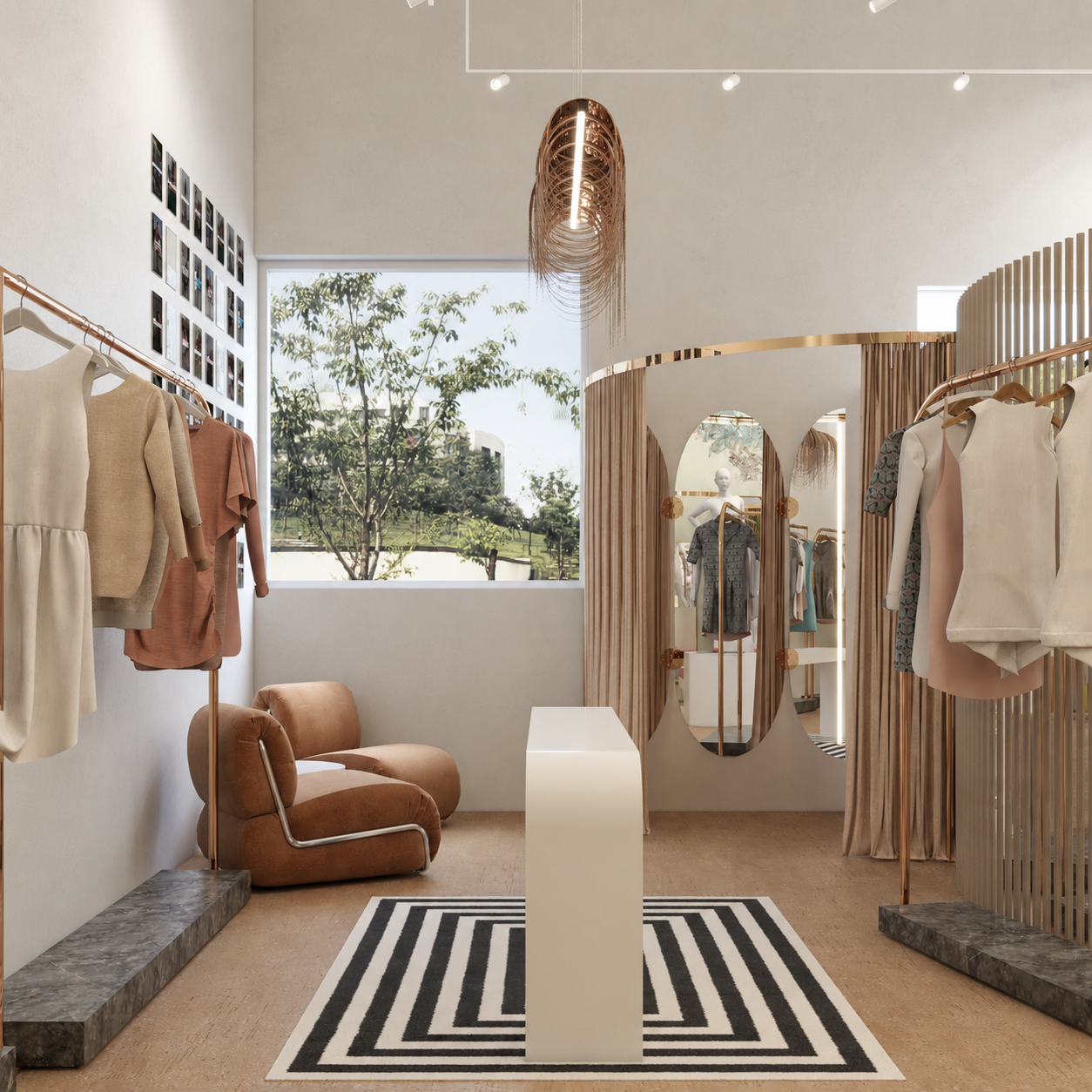 Interior visualization with curved wood fixtures, clothing rails, a pendant light, and a central display